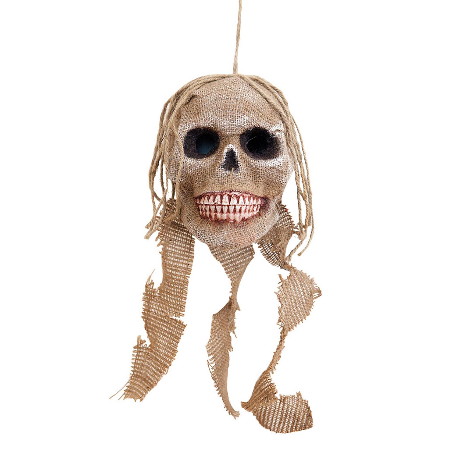 Tête de mort crâne couverte de jute à suspendre taille réelle 19cm